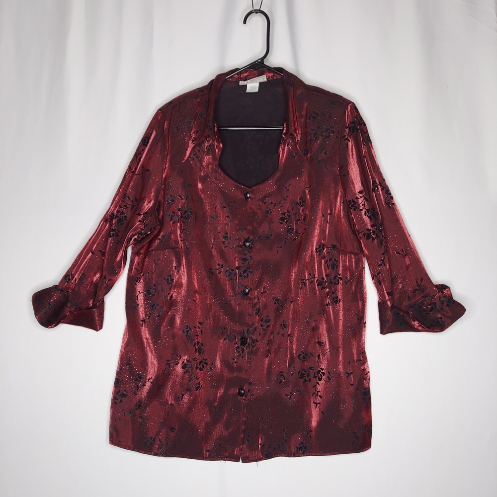 Dressbarn Metallic Button Top Women 18/20 Red‎ Satin 3/4 Cuff Whimsigoth Witchy